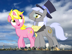 Size: 2048x1536 | Tagged: safe, artist:cloudy glow, edit, editor:jaredking779, imported from derpibooru, caesar, count caesar, sunshine smiles, earth pony, pony, unicorn, background pony, duo, female, giant pony, giantess, hat, highrise ponies, horn, irl, macro, male, mare, monocle, monocle and top hat, photo, ponies in real life, seattle, space needle, stallion, story included, top hat, washington