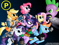 Size: 800x620 | Tagged: safe, artist:digoraccoon, imported from twibooru, applejack, fluttershy, pinkie pie, rainbow dash, rarity, spike, twilight sparkle, beast boy, cyborg (dc comics), image, needs more jpeg, raven (dc comics), robin (dc comics), starfire, teen titans, warner bros