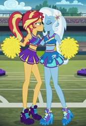 Size: 832x1216 | Tagged: safe, imported from twibooru, sunset shimmer, trixie, human, equestria girls, ai content, ai generated, cheerleader outfit, clothes, female, football field, humanized, image, lesbian, needs more jpeg, pom pom, prompter:tiamatnightmare, shipping, suntrix