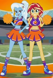 Size: 832x1216 | Tagged: safe, imported from twibooru, sunset shimmer, trixie, human, equestria girls, ai content, ai generated, cheerleader outfit, clothes, female, football field, humanized, image, lesbian, needs more jpeg, pom pom, prompter:tiamatnightmare, shipping, suntrix