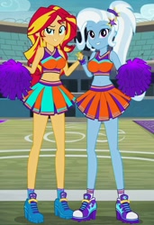 Size: 832x1216 | Tagged: safe, imported from twibooru, sunset shimmer, trixie, human, equestria girls, ai content, ai generated, cheerleader outfit, clothes, female, football field, humanized, image, lesbian, needs more jpeg, pom pom, prompter:tiamatnightmare, shipping, suntrix