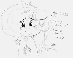 Size: 2627x2105 | Tagged: safe, alternate version, artist:thelunarmoon, imported from derpibooru, oc, oc only, oc:lunar moon, pony, unicorn, bust, crying, dialogue, floppy ears, glasses, gray background, grayscale, hooves together, horn, male, monochrome, round glasses, simple background, solo, stallion, unshorn fetlocks