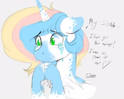 Size: 2627x2105 | Tagged: safe, artist:thelunarmoon, imported from derpibooru, oc, oc only, oc:lunar moon, pony, unicorn, bust, coat markings, colored, crying, dialogue, flat colors, floppy ears, gray background, hooves together, horn, male, multicolored hair, simple background, solo, stallion, unshorn fetlocks