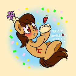 Size: 1300x1300 | Tagged: safe, artist:paperbagpony, imported from derpibooru, blushing, confetti, hat, party hat, ñ