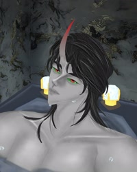 Size: 1280x1600 | Tagged: safe, artist:sh4deshad0w41, imported from derpibooru, king sombra, anthro, human, bathing, bathroom, bathtub, colored horn, curved horn, horn, humanized, looking at you, male, solo, solo male, sombra horn, wet body, wet hair