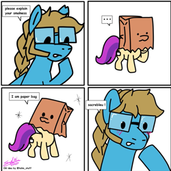 Size: 865x866 | Tagged: safe, artist:thesimplementni, imported from derpibooru, oc, oc:paper bag, oc:shutter speed, comic, explain your smolness, glasses, simple background, white background