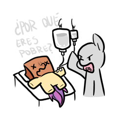 Size: 1000x1000 | Tagged: safe, artist:paperbagpony, imported from derpibooru, oc, oc only, oc:paper bag, anonymous, bed, chibi, hospital bed, iv drip, spanish, x eyes