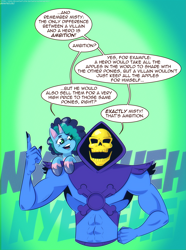Size: 1881x2523 | Tagged: safe, artist:saturdaymorningproj, imported from derpibooru, human, pony, unicorn, crossover, dialogue, duo, duo male and female, evil laugh, female, g5, hand on hip, he-man and the masters of the universe, high res, horn, laughing, male, mare, misty brightdawn, open mouth, open smile, pointing, shoulder ride, skeletor, smiling, speech bubble