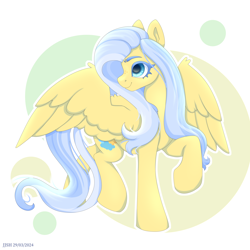 Size: 4134x4134 | Tagged: safe, artist:jjsh, imported from derpibooru, oc, oc only, pegasus, pony, blue eyes, blue mane, cute, cute face, female, high res, mare, raised hoof, smiling, solo, spread wings, turned head, wings
