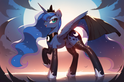 Size: 2760x1832 | Tagged: safe, imported from twibooru, princess luna, alicorn, pony, ai generated, cutie mark, female, image, latex, latex stockings, looking at you, moon, png, prompter:kuporosso, solo