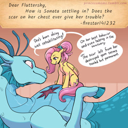 Size: 2166x2166 | Tagged: safe, artist:overlordneon, imported from derpibooru, fluttershy, sonata dusk, pegasus, pony, siren, ask, dialogue, duo, duo female, female, high res, mare, older, older fluttershy, scar, sitting, size difference, speech bubble