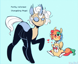Size: 2242x1843 | Tagged: safe, artist:urbanqhoul, imported from derpibooru, oc, oc only, oc:angel, oc:whimsy, changedling, changeling, pegasus, pony, changedling oc, changeling oc, changelingified, clown, clown makeup, clown nose, duo, floating heart, heart, high res, hooves to the chest, light blue background, looking at you, male, ponified, red nose, simple background, sitting, species swap, stallion, text