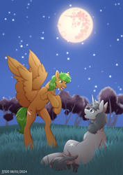 Size: 2480x3508 | Tagged: safe, artist:jjsh, imported from derpibooru, oc, oc only, pegasus, pony, unicorn, duo, excited, fluffy, grass, happy, high res, holiday, horn, looking at someone, lying down, male, mare in the moon, moon, night, open mouth, raised hoof, rearing, sky, smiling, spread wings, stallion, stars, teeth, tree, turned head, wing fluff, wings