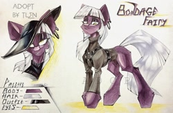 Size: 1280x838 | Tagged: safe, artist:tlen borowski, imported from derpibooru, oc, oc:bondage fairy, pony, adoptable, clothes, ear fluff, ear piercing, female, harness, hat, hooves, looking at you, piercing, reference sheet, simple background, tack, tail, traditional art, white background, white mane, yellow eyes
