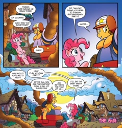 Size: 998x1045 | Tagged: safe, artist:andypriceart, idw, imported from derpibooru, cheese sandwich, pinkie pie, earth pony, pony, spoiler:guardians of harmony, cloud, official comic, party cannon, ponyville, sun, the end