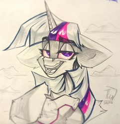 Size: 1973x2048 | Tagged: safe, artist:tlen borowski, imported from derpibooru, twilight sparkle, pony, drugs, ear fluff, hooves, horn, looking at you, open mouth, red eyes, sketch, smiling, smiling at you, smoke, teeth, traditional art