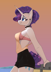 Size: 2340x3304 | Tagged: safe, artist:naen, imported from derpibooru, rarity, anthro, plantigrade anthro, unicorn, alternate hairstyle, bra, choker, clothes, ear piercing, female, gradient background, horn, mare, piercing, smiling, solo, underwear
