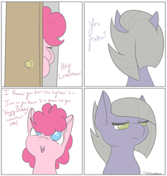 Size: 3880x4096 | Tagged: safe, artist:tkshoelace, imported from derpibooru, limestone pie, pinkie pie, comic, door, duo, duo female, female, simple background, text, white background