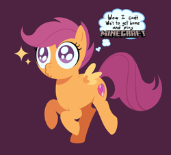 Size: 640x580 | Tagged: safe, artist:weirduglylemon, imported from derpibooru, scootaloo, pegasus, pony, female, filly, foal, minecraft, purple background, simple background, solo, sparkles, thought bubble
