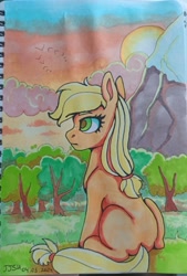 Size: 1104x1637 | Tagged: safe, artist:jjsh, imported from derpibooru, applejack, earth pony, pony, cloud, female, forest, grass, looking away, looking forward, mare, marker drawing, mountain, nature, sitting, snow, sun, sunset, traditional art, tree