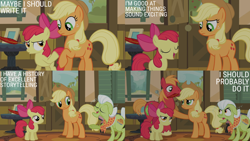 Size: 2000x1125 | Tagged: safe, edit, edited screencap, editor:quoterific, imported from derpibooru, screencap, apple bloom, applejack, big macintosh, granny smith, earth pony, pony, pinkie apple pie, apple family, caption, female, filly, foal, male, mare, mouth hold, quill, stallion, sweet apple acres, text