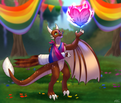 Size: 2965x2530 | Tagged: safe, artist:malinraf1615, imported from derpibooru, oc, oc:ash, dragon, wyvern, bandage, bisexual pride flag, broken bone, broken wing, cast, claws, colored wings, commission, dragon oc, dragonified, fire, injured, magic, male, non-pony oc, pride, pride flag, pride month, pyrokinesis, sling, species swap, tail, wings