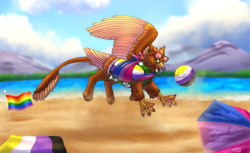 Size: 3239x1979 | Tagged: safe, artist:malinraf1615, imported from derpibooru, oc, oc:pavlos, griffon, bandage, beach, beach ball, beak, bisexual, broken bone, broken wing, cast, cheek fluff, claws, clothes, colored wings, commission, eared griffon, griffon oc, happy, injured, jumping, non-pony oc, nonbinary, nonbinary pride flag, ocean, pride, pride flag, pride month, sling, sunglasses, sunlight, tail, umbrella, water, wings