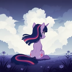 Size: 1536x1536 | Tagged: safe, imported from derpibooru, twilight sparkle, pony, unicorn, ai content, ai generated, cloud, facing away, female, flower, generator:autismmix confetti, grass, horn, limited palette, looking away, mare, prompter:siber, rear view, sitting, sky, solo, windswept mane