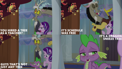 Size: 2000x1125 | Tagged: safe, edit, edited screencap, editor:quoterific, imported from derpibooru, screencap, discord, spike, starlight glimmer, draconequus, dragon, pony, unicorn, a matter of principals, caption, dragonsneeze, female, horn, male, mare, school of friendship, text, trio, winged spike, wings