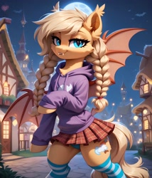 Size: 3104x3624 | Tagged: safe, imported from derpibooru, oc, oc only, bat pony, ai content, ai generated, bat pony oc, bat wings, bipedal, blue eyes, braid, chest fluff, clothes, ear fluff, fangs, generator:pony diffusion v6 xl, generator:stable diffusion, hoodie, looking at you, moon, night, panties, ponyville, prompter:midnight dashie, skirt, smiling, smiling at you, socks, striped socks, underwear, wings