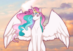 Size: 4093x2894 | Tagged: safe, artist:jjsh, imported from derpibooru, princess celestia, alicorn, pony, female, fluffy, high res, long mane, mare, multicolored mane, sky, smiling, solo, spread wings, sunrise, white fur, wings
