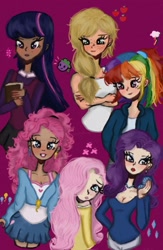 Size: 678x1042 | Tagged: safe, artist:artmiiracle, imported from derpibooru, applejack, fluttershy, pinkie pie, rainbow dash, rarity, spike, twilight sparkle, dragon, human, alternate hairstyle, blushing, book, clothes, dark skin, ear piercing, earring, eyeshadow, female, grin, hoodie, humanized, jewelry, lipstick, makeup, male, mane seven, mane six, necklace, pants, piercing, ponytail, purple background, shirt, simple background, skirt, smiling, tanktop, vest