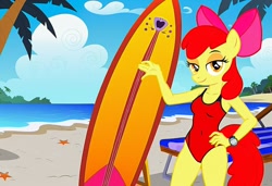 Size: 1216x832 | Tagged: safe, imported from twibooru, apple bloom, anthro, earth pony, ai content, ai generated, baywatch, beach, breasts, busty apple bloom, chair, clothes, flirting, generator:stable diffusion, hand on hip, lawn chair, needs more jpeg, one-piece swimsuit, palm tree, seductive pose, sexy, smiling, solo, standing, sunbathing, surfboard, swimsuit, tree