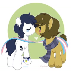 Size: 1759x1839 | Tagged: safe, artist:inkp0ne, imported from ponybooru, oc, oc:michel tusche, oc:sagiri himoto, pony, duo, gay, kissing, male, pride, pride flag, pride month, transgender pride flag