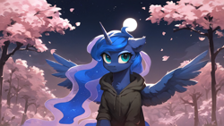 Size: 2560x1440 | Tagged: safe, imported from derpibooru, princess luna, alicorn, pony, ai content, ai generated, cherry blossoms, chest fluff, clothes, ear fluff, flower, flower blossom, full moon, generator:pony diffusion v6 xl, generator:stable diffusion, hoodie, horn, moon, night, one ear down, prompter:liladash, solo, spread wings, wallpaper, wing fluff, wings