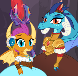 Size: 800x785 | Tagged: safe, artist:queencold, imported from derpibooru, princess ember, smolder, dragon, clothes, crown, dragon lord ember, dragoness, dress, female, flower, gem, jewelry, regalia, smolder also dresses in style
