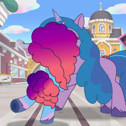 Size: 950x950 | Tagged: safe, imported from derpibooru, screencap, izzy moonbow, pony, unicorn, spoiler:g5, spoiler:my little pony: tell your tale, spoiler:tyts01e58, cropped, duo, female, g5, gradient mane, horn, implied kissing, mare, misty brightdawn, my little pony: tell your tale, not an edit, out of context, rebirth misty, sparkle school