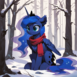 Size: 2048x2048 | Tagged: safe, imported from derpibooru, princess luna, alicorn, pony, ai content, ai generated, chest fluff, clothes, crown, ear fluff, folded wings, forest background, generator:pony diffusion v6 xl, generator:stable diffusion, horn, jewelry, prompter:liladash, regalia, scarf, sitting, snow, solo, wing fluff, wings