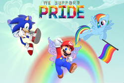 Size: 3000x2000 | Tagged: safe, artist:misty114, artist:user15432, artist:xpesifeindx, imported from derpibooru, rainbow dash, fairy, human, pegasus, pony, blue sky, cloud, colored wings, crossover, fairy wings, flag, flying, gradient wings, happy pride month, jewelry, looking at you, mario, necklace, open mouth, open smile, pendant, pride, pride flag, pride month, pride month 2024, rainbow, rainbow flag, sky, smiling, sonic the hedgehog, sonic the hedgehog (series), sparkly wings, sun, super mario bros., wings