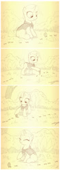 Size: 759x2148 | Tagged: safe, artist:sherwoodwhisper, imported from derpibooru, oc, oc:eri, ant, insect, pony, unicorn, comic:antlantis, blank flank, cape, clothes, comic, female, filly, foal, horn, monochrome, photo, scout, solo, younger