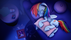 Size: 3840x2160 | Tagged: safe, artist:psfmer, imported from derpibooru, rainbow dash, twilight sparkle, pegasus, pony, 3d, bed, butt, crying, dock, eyes closed, female, floppy ears, heartbreak, high res, lesbian, mare, pillow, plot, shipping, solo, source filmmaker, table, tail, teary eyes, twidash, wings