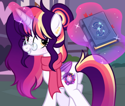 Size: 1438x1220 | Tagged: safe, artist:cstrawberrymilk, imported from derpibooru, oc, oc:severus eclipse, alicorn, pony, book, clothes, female, magic, mare, scarf, solo