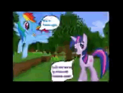 Size: 192x144 | Tagged: safe, edit, imported from derpibooru, rainbow dash, twilight sparkle, pegasus, pony, unicorn, ai assisted, ai content, animated, duo, female, horn, mare, minecraft, needs more jpeg, shitposting, sky, webm