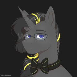 Size: 4134x4134 | Tagged: safe, artist:jjsh, imported from derpibooru, oc, oc only, pony, unicorn, blue eyes, bow, bust, glasses, high res, horn, looking at you, male, portrait, stallion, tired