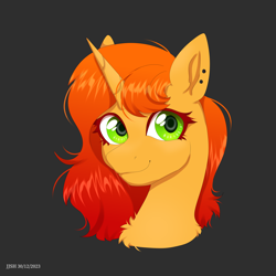 Size: 4134x4134 | Tagged: safe, artist:jjsh, imported from derpibooru, oc, oc only, pony, unicorn, bow, bust, ear piercing, earring, female, green eyes, high res, horn, jewelry, looking at you, mare, piercing, portrait
