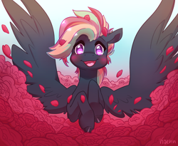 Size: 3000x2461 | Tagged: safe, artist:kaenn, imported from derpibooru, oc, oc only, oc:treading step, pegasus, pony, blushing, flower, front view, looking at you, open mouth, open smile, rose, smiling, smiling at you, solo, spread wings, wings
