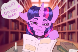 Size: 1121x760 | Tagged: safe, artist:heavenless, imported from derpibooru, twilight sparkle, pony, book, candle, choker, collar, female, library, looking at you, mare, offscreen character, pov, solo, speech bubble, talking to viewer, that pony sure does love books