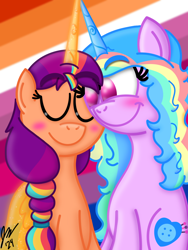 Size: 1620x2160 | Tagged: safe, artist:jesslmc16, imported from derpibooru, izzy moonbow, sunny starscout, alicorn, pony, unicorn, bisexual, bisexual pride flag, blushing, cutie mark, digital art, duo, duo female, eyes closed, female, g5, horn, lesbian, lesbian pride flag, mane stripe izzy, mare, moonscout, multicolored hair, pride, pride flag, pride month, shipping, signature, sitting, wings