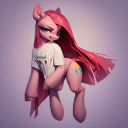Size: 1024x1024 | Tagged: prompter needed, source needed, safe, imported from derpibooru, pinkie pie, ai content, ai generated, clothes, female, full body, generator:purplesmart.ai, generator:stable diffusion, long hair, looking at you, pinkamena diane pie, shirt, simple background, smiling, smiling at you, solo, solo female