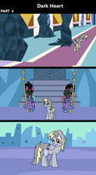 Size: 1920x3516 | Tagged: safe, artist:platinumdrop, imported from derpibooru, derpy hooves, crystal pony, pegasus, pony, comic:dark heart, 3 panel comic, abuse, alternate timeline, armor, bound wings, comic, commission, confused, crying, crystal, crystal castle, crystal empire, dark crystal, derpybuse, female, folded wings, freedom, glowing, glowing eyes, guard, happy, helmet, looking at something, mare, mask, mind control, older, older derpy hooves, scrunchy face, smiling, sombra soldier, spear, tears of joy, throne room, walking, walking away, weapon, wing cuffs, wings